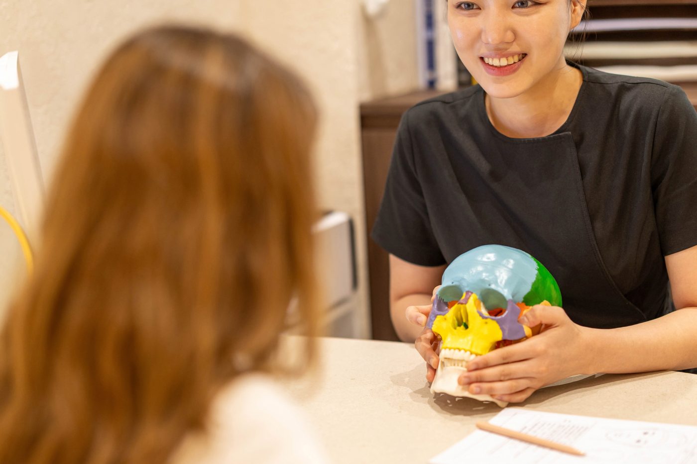 Practitioner explaining facial structure with an anatomical model