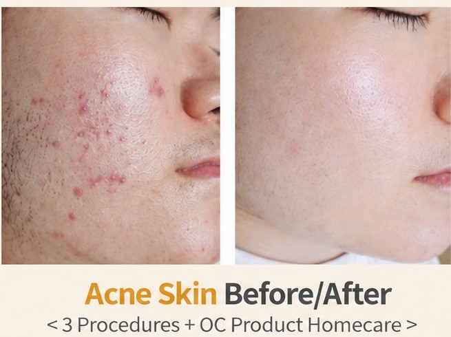 Before and after, skin texture, after three sessions with home care